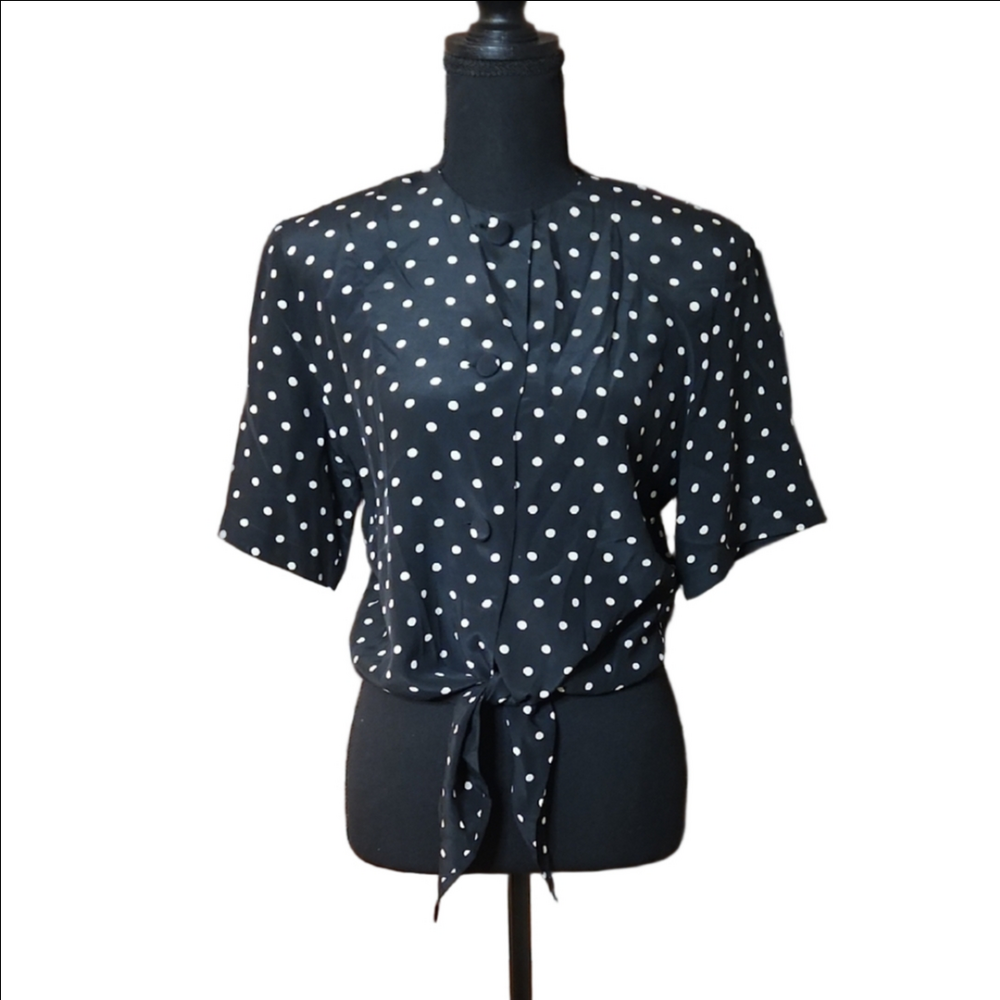 Vintage Ann Taylor Black and White Polka Dot Blouse, Size 4